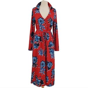 Zara Red and Blue Floral Long Sleeve Stretch Knit Button Down Midi Dress Medium